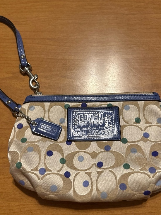 Coach Handbags - Coach Beige Signature Wristlet with Blue Trim and Multicolor Dots